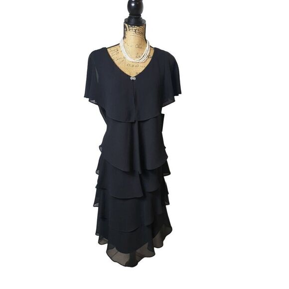 Women's Black Layered Chiffon Dress Jewel Detail Ruffle Stretch Size 16 NWT - Picture 9 of 9